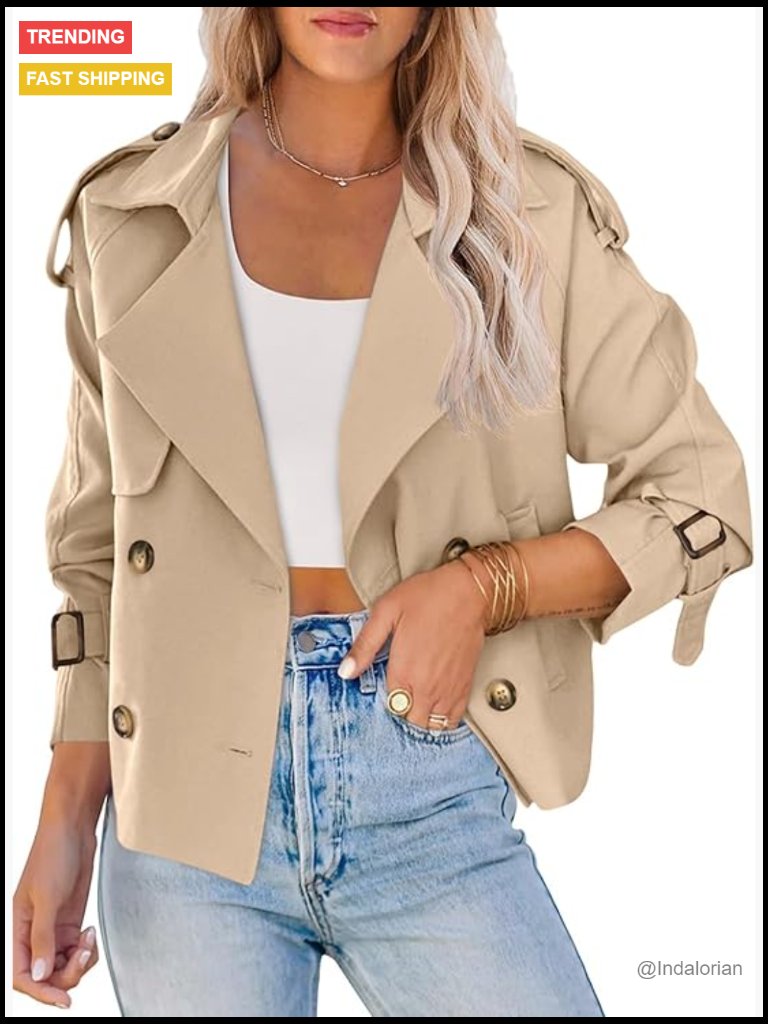 Double Breasted Trench Coat Cropped Jacket With Pockets Polyester